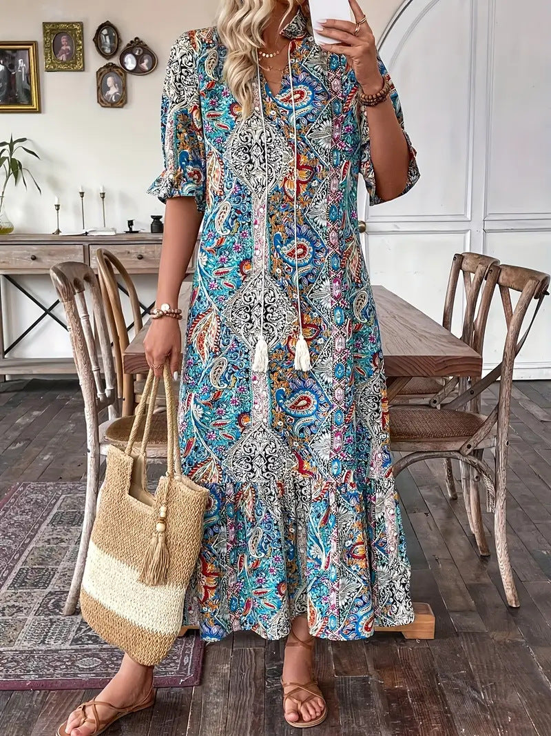 Printed Lace-Up Mid-Sleeve Ruffle Dress