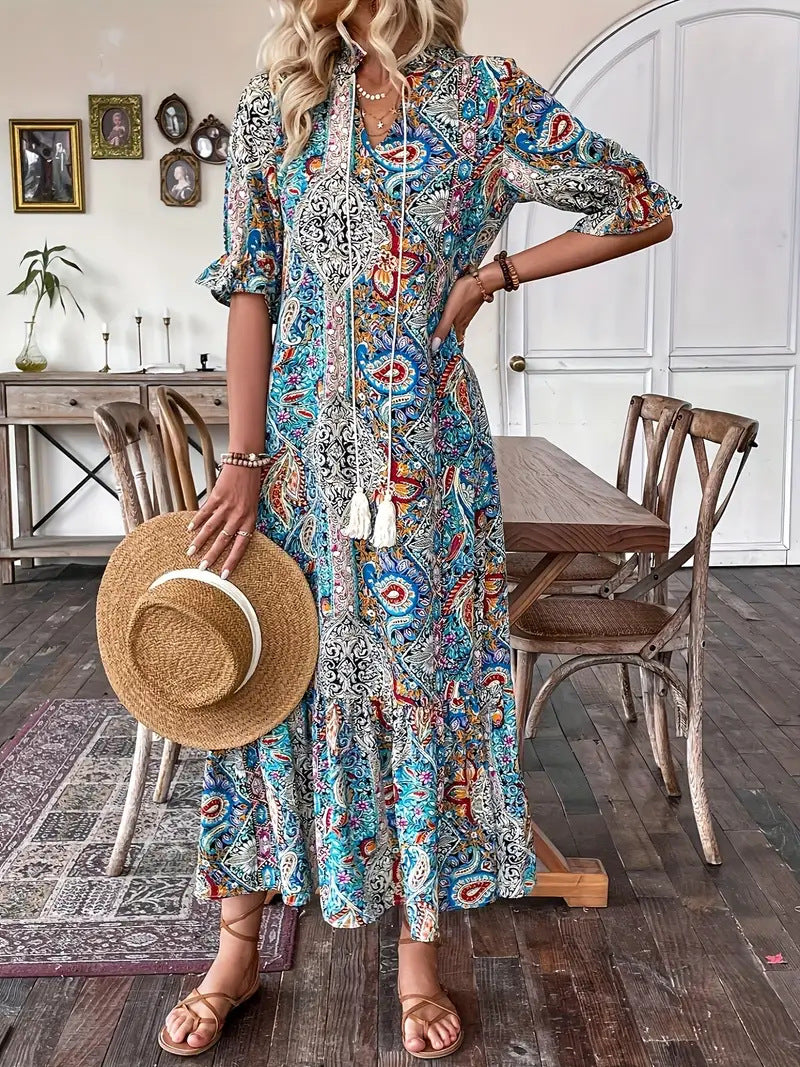 Printed Lace-Up Mid-Sleeve Ruffle Dress