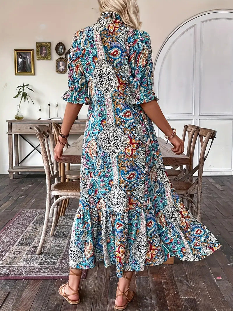 Printed Lace-Up Mid-Sleeve Ruffle Dress