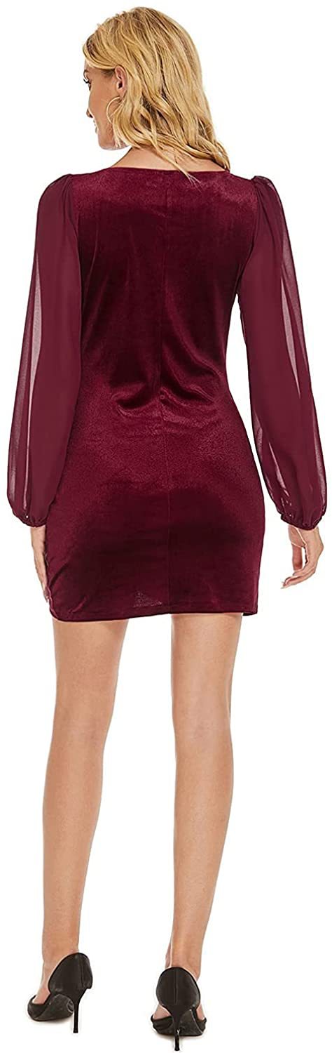 Women's V-Neck Long Sleeve Dress Tight Pleated Embellished Side Asymmetric Dresses