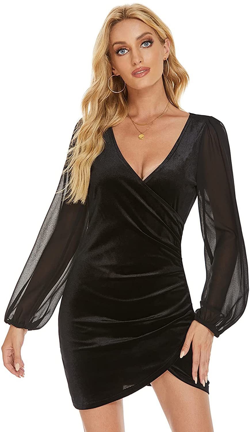 Women's V-Neck Long Sleeve Dress Tight Pleated Embellished Side Asymmetric Dresses