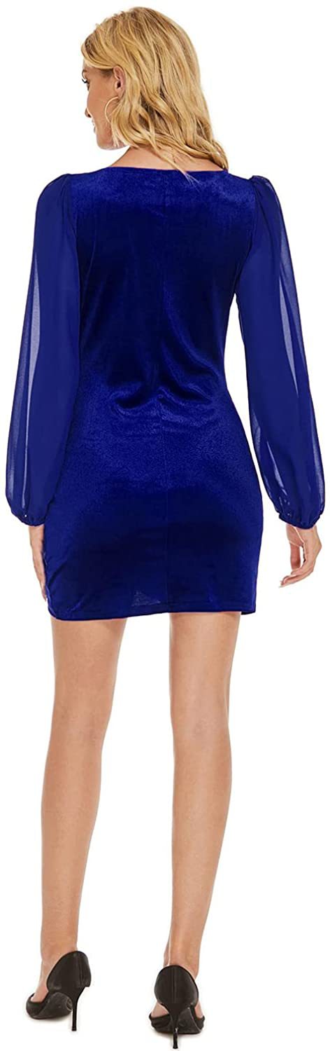 Women's V-Neck Long Sleeve Dress Tight Pleated Embellished Side Asymmetric Dresses