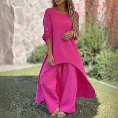 2025 Spring and Summer Women's Cotton and Linen Irregular Long Sleeve Wide Leg Pants Two Piece Suit