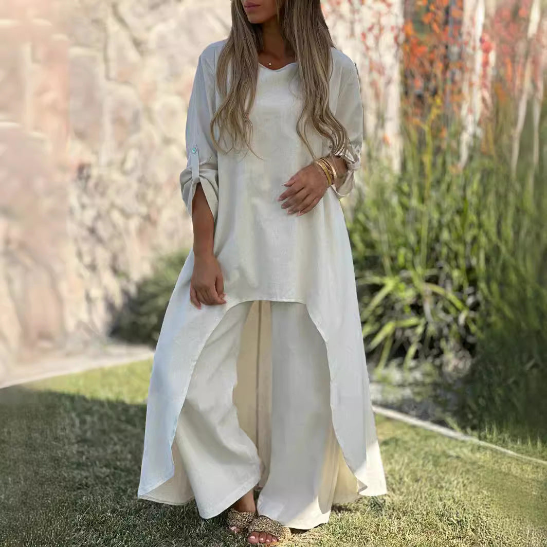 2025 Spring and Summer Women's Cotton and Linen Irregular Long Sleeve Wide Leg Pants Two Piece Suit