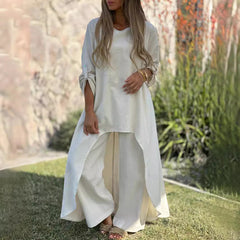 2025 Spring and Summer Women's Cotton and Linen Irregular Long Sleeve Wide Leg Pants Two Piece Suit