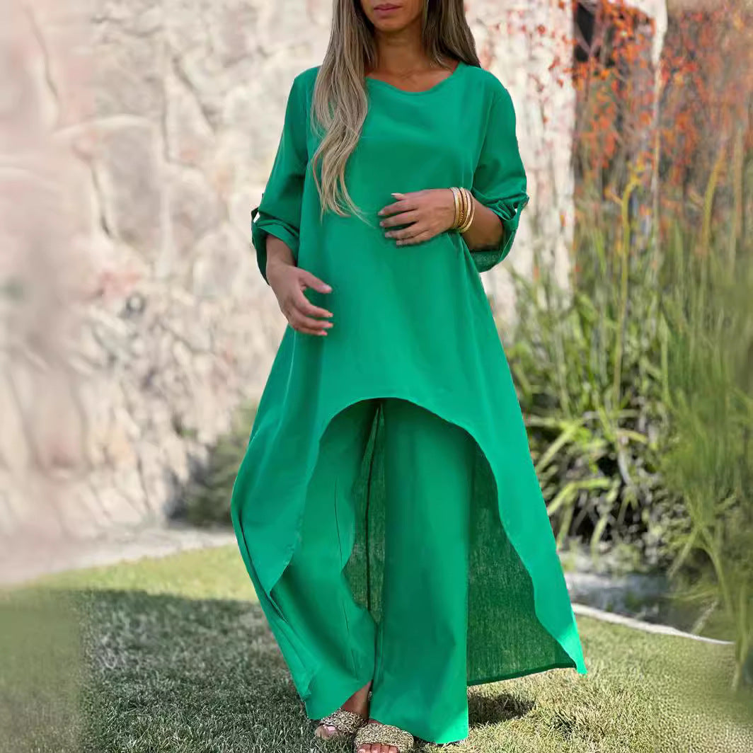 2025 Spring and Summer Women's Cotton and Linen Irregular Long Sleeve Wide Leg Pants Two Piece Suit