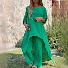 2025 Spring and Summer Women's Cotton and Linen Irregular Long Sleeve Wide Leg Pants Two Piece Suit
