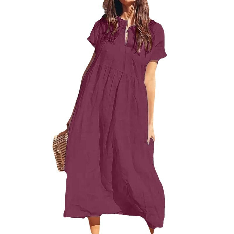 2025 Solid Color V-Neck Short Sleeve Loose Casual Long Women's Cotton Linen Dresses