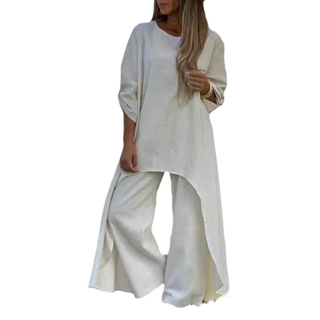 2025 Spring and Summer Women's Cotton and Linen Irregular Long Sleeve Wide Leg Pants Two Piece Suit