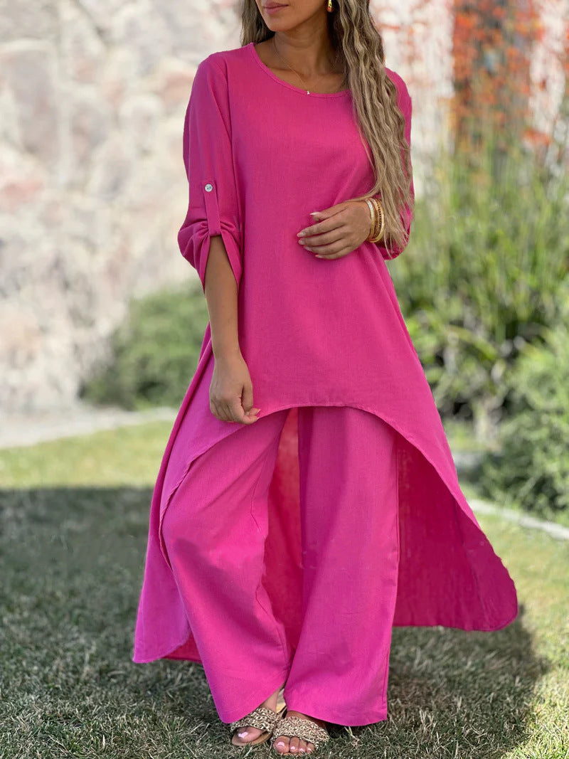 2025 Spring and Summer Women's Cotton and Linen Irregular Long Sleeve Wide Leg Pants Two Piece Suit