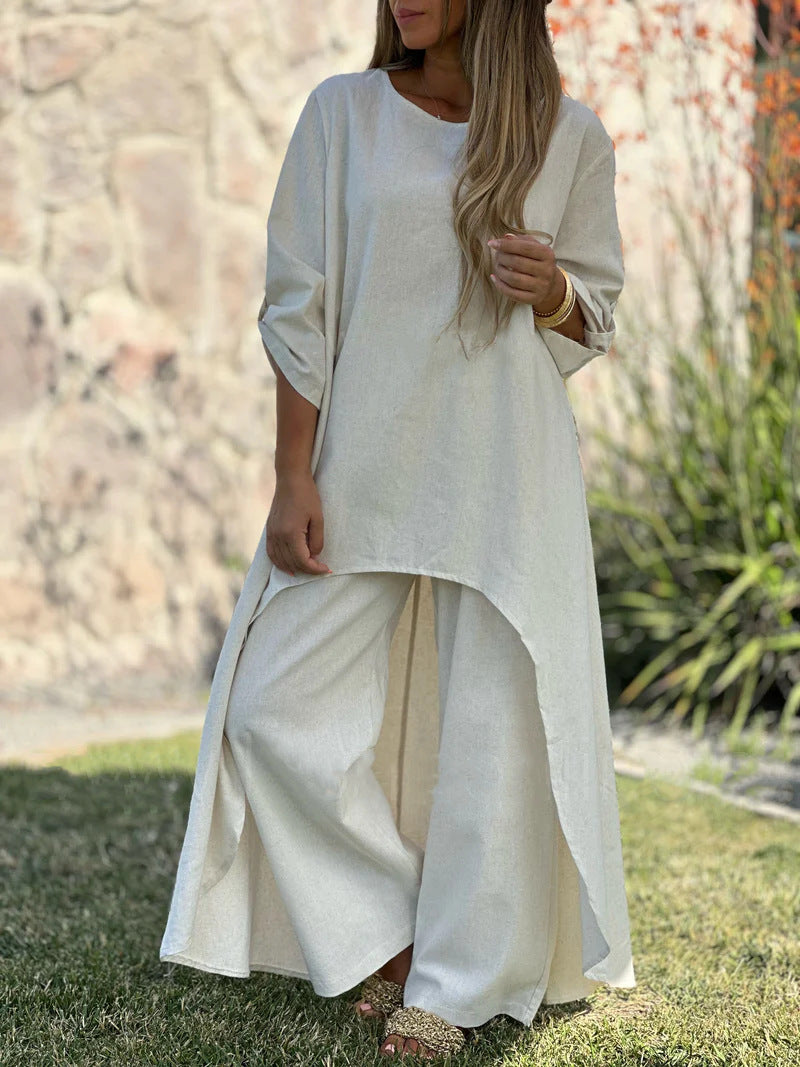 2025 Spring and Summer Women's Cotton and Linen Irregular Long Sleeve Wide Leg Pants Two Piece Suit