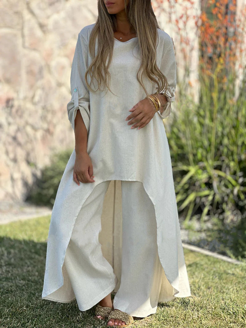 2025 Spring and Summer Women's Cotton and Linen Irregular Long Sleeve Wide Leg Pants Two Piece Suit