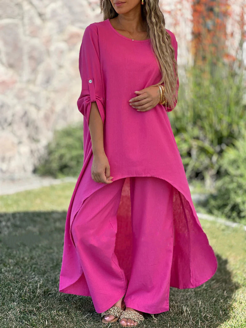 2025 Spring and Summer Women's Cotton and Linen Irregular Long Sleeve Wide Leg Pants Two Piece Suit