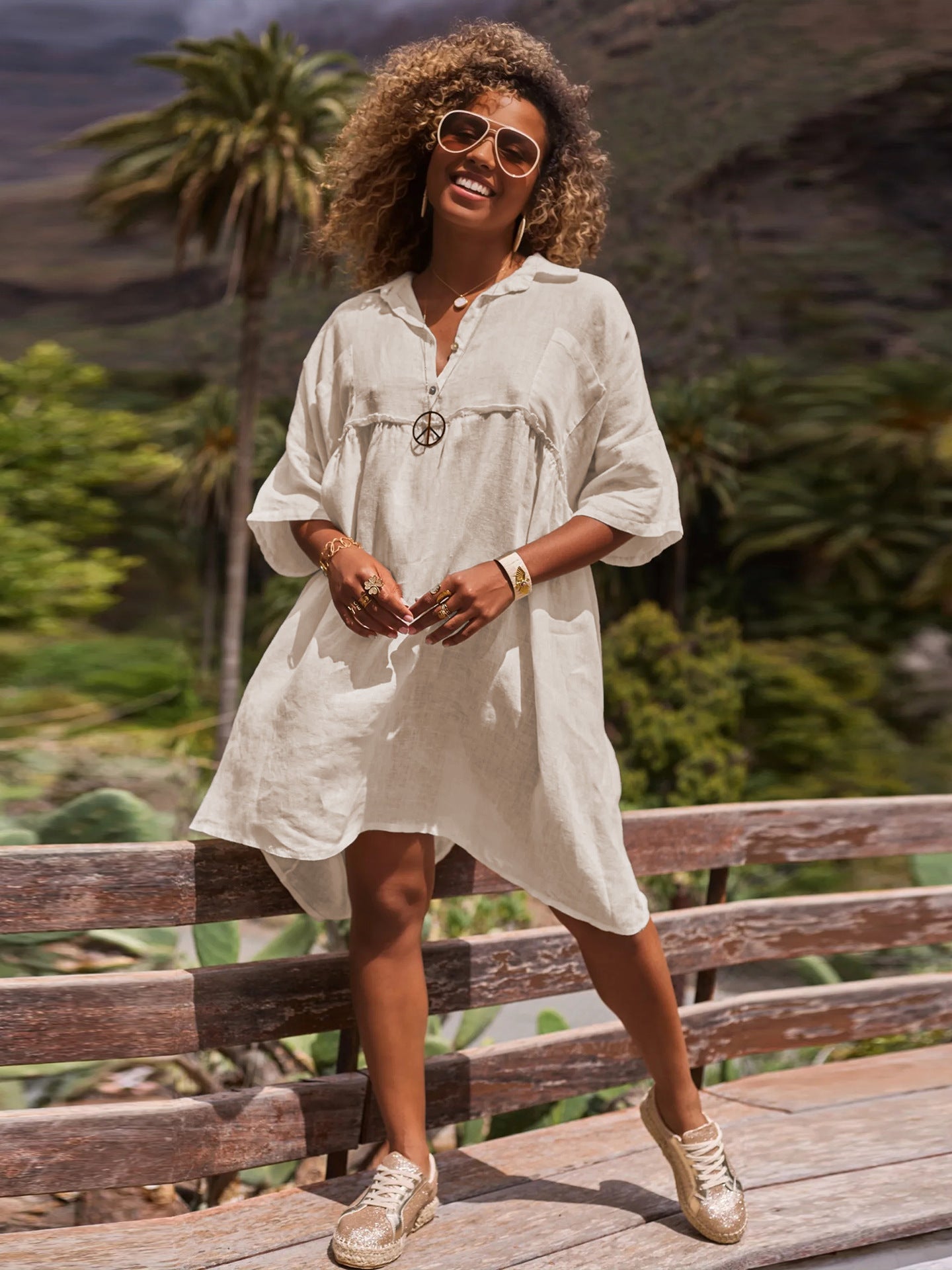 Loose solid color polo collar vacation casual button up literary style fashion dresses