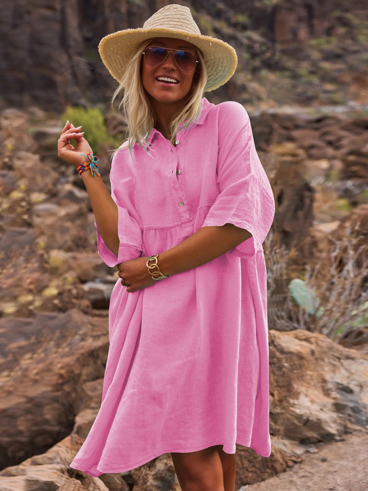 Loose solid color polo collar vacation casual button up literary style fashion dresses