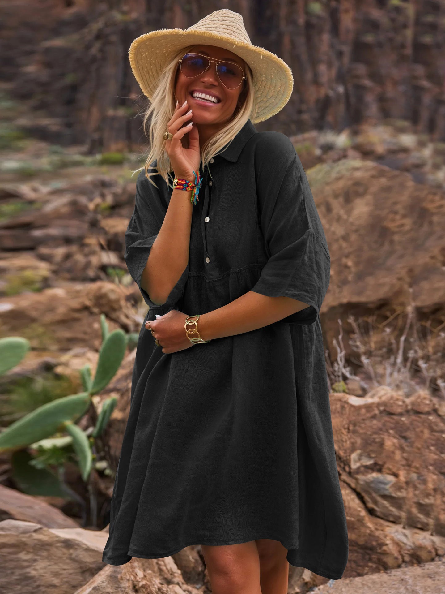 Loose solid color polo collar vacation casual button up literary style fashion dresses