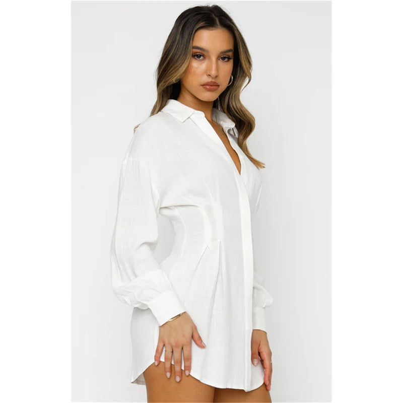 Hot Women's Solid Color Shirt Neck Waisted Sexy Dresses