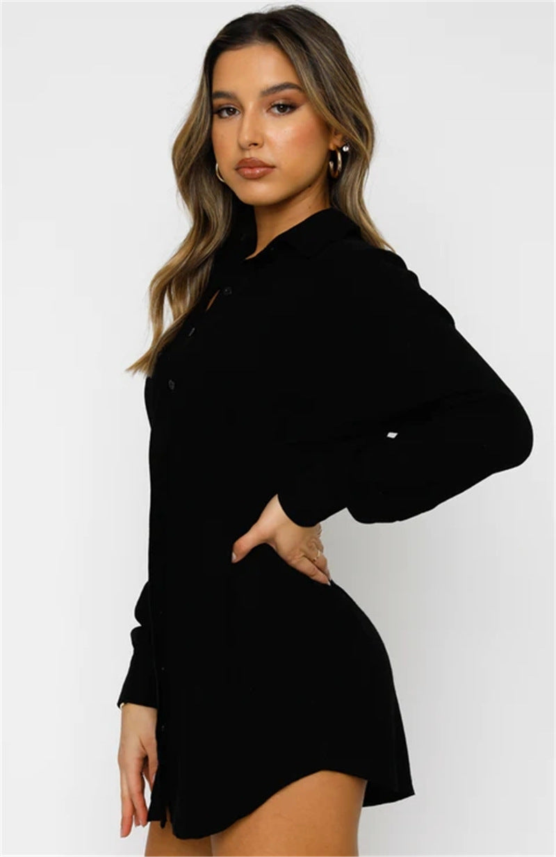 Hot Women's Solid Color Shirt Neck Waisted Sexy Dresses