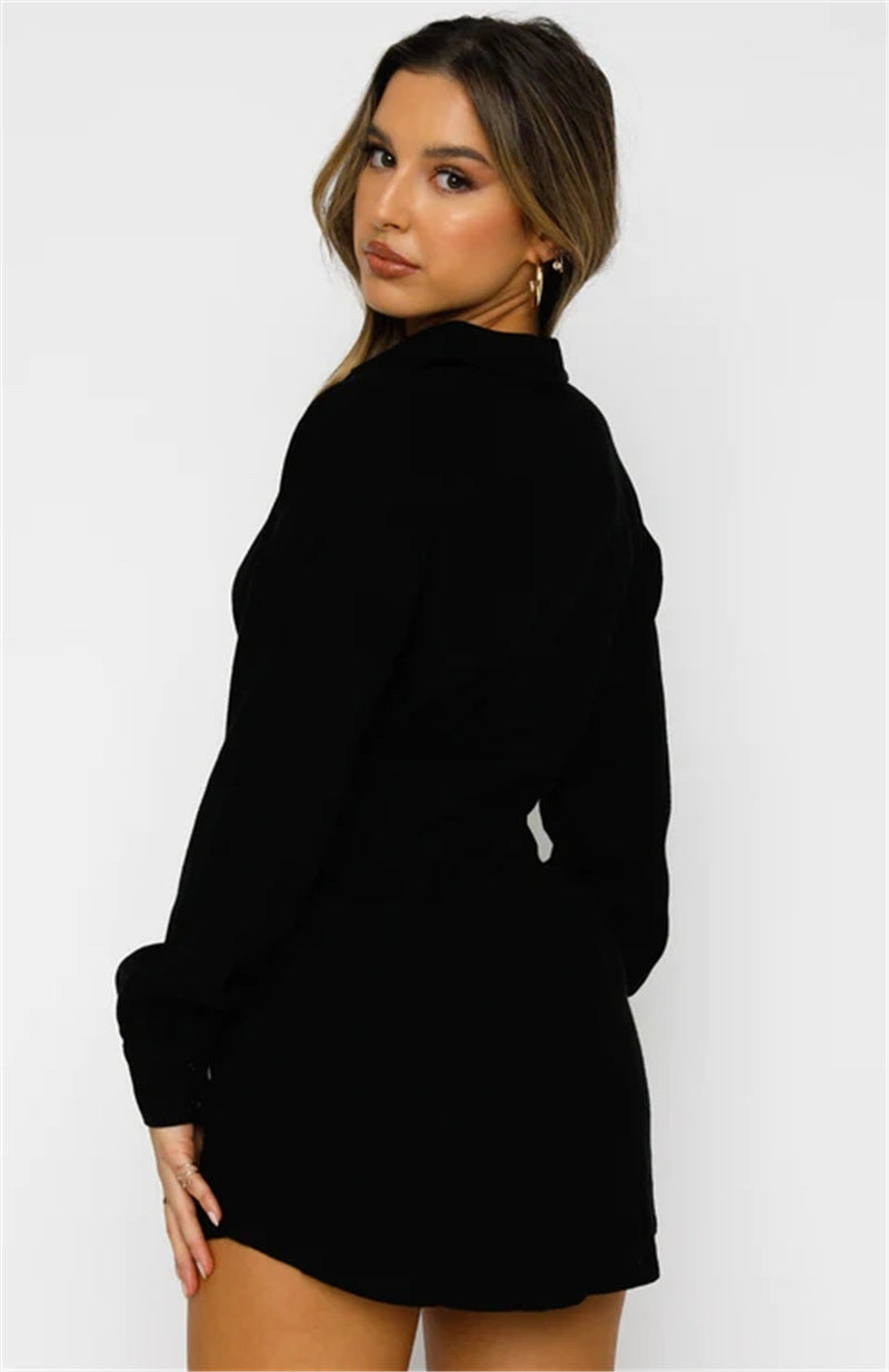 Hot Women's Solid Color Shirt Neck Waisted Sexy Dresses