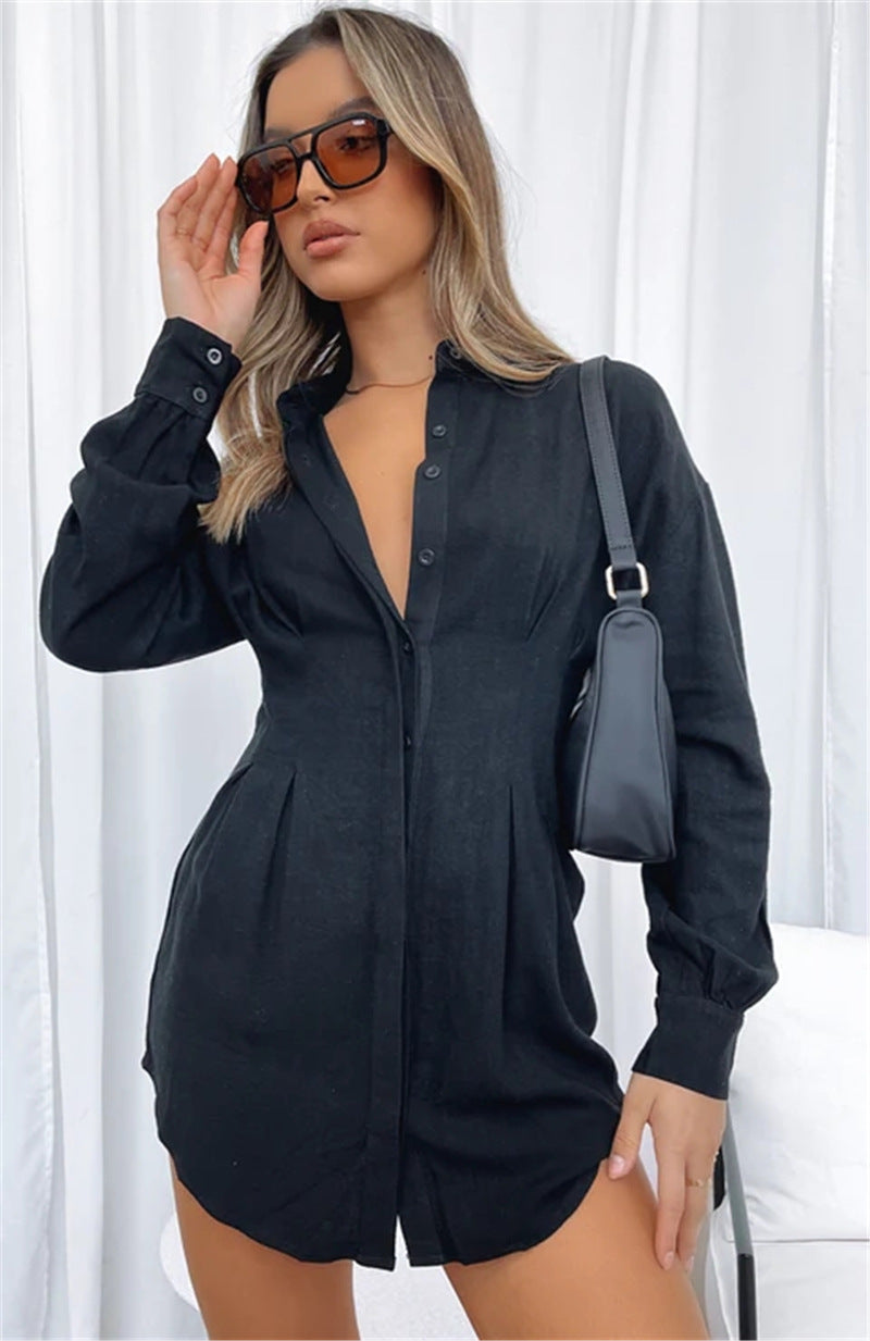 Hot Women's Solid Color Shirt Neck Waisted Sexy Dresses