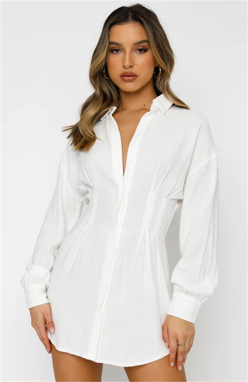Hot Women's Solid Color Shirt Neck Waisted Sexy Dresses