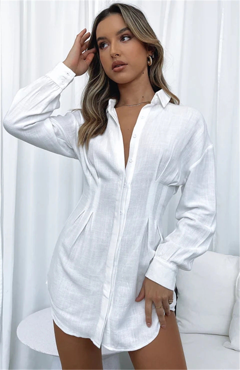 Hot Women's Solid Color Shirt Neck Waisted Sexy Dresses