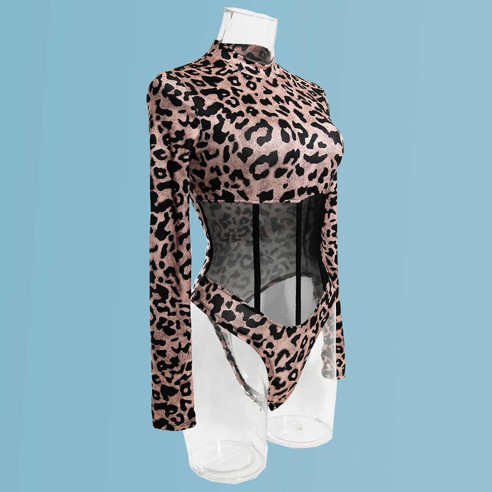 Wild Leopard Sexy Patchwork Sheer Mesh Bodycon Long Sleeve Leopard Printed