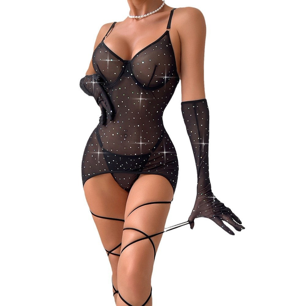 Explosive sequins nightclub mesh transparent steel ring gathered binding rope with gloves dress set