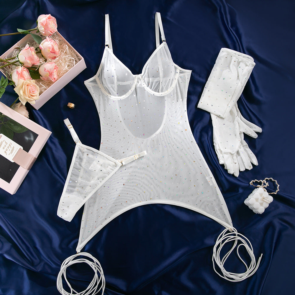 Explosive sequins nightclub mesh transparent steel ring gathered binding rope with gloves dress set