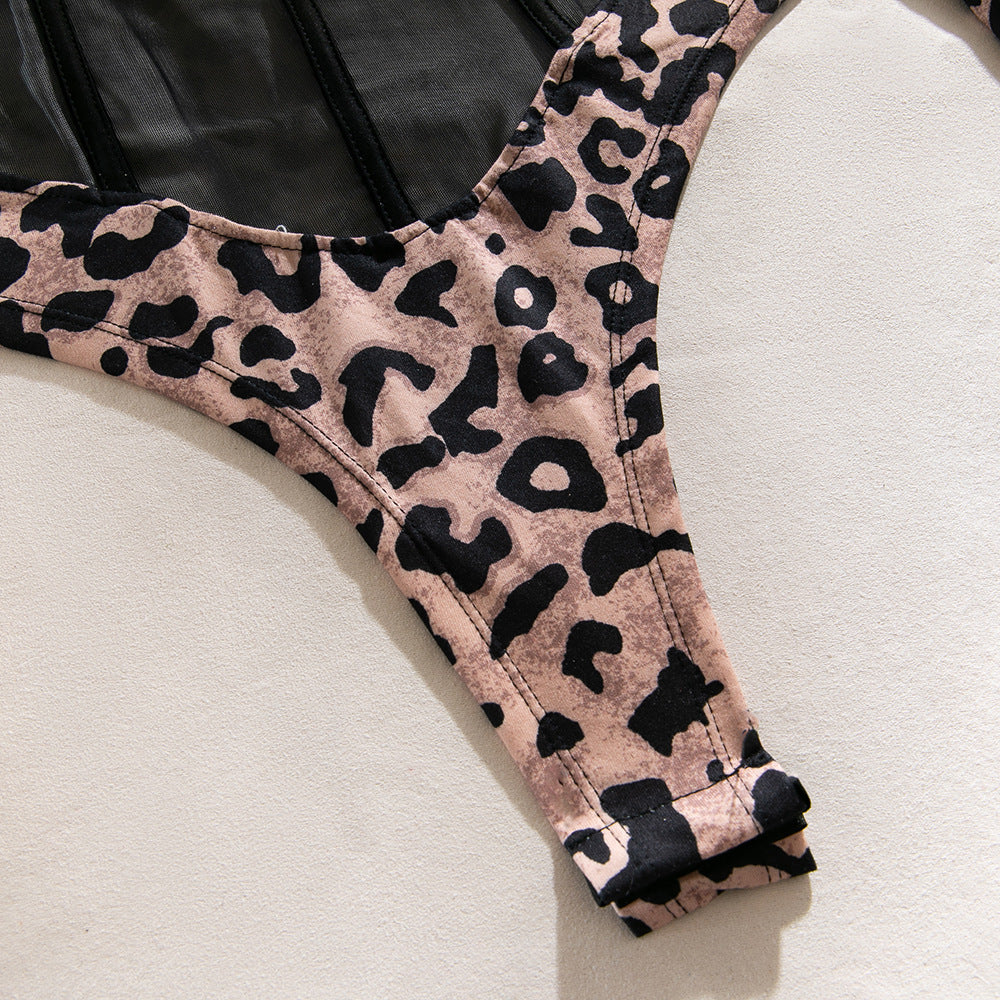 Wild Leopard Sexy Patchwork Sheer Mesh Bodycon Long Sleeve Leopard Printed