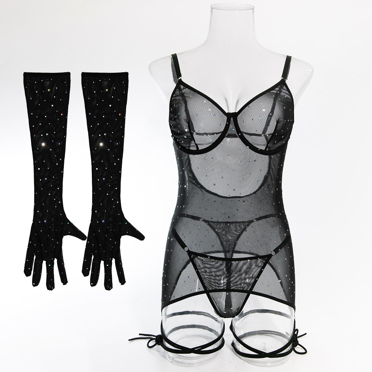 Explosive sequins nightclub mesh transparent steel ring gathered binding rope with gloves dress set