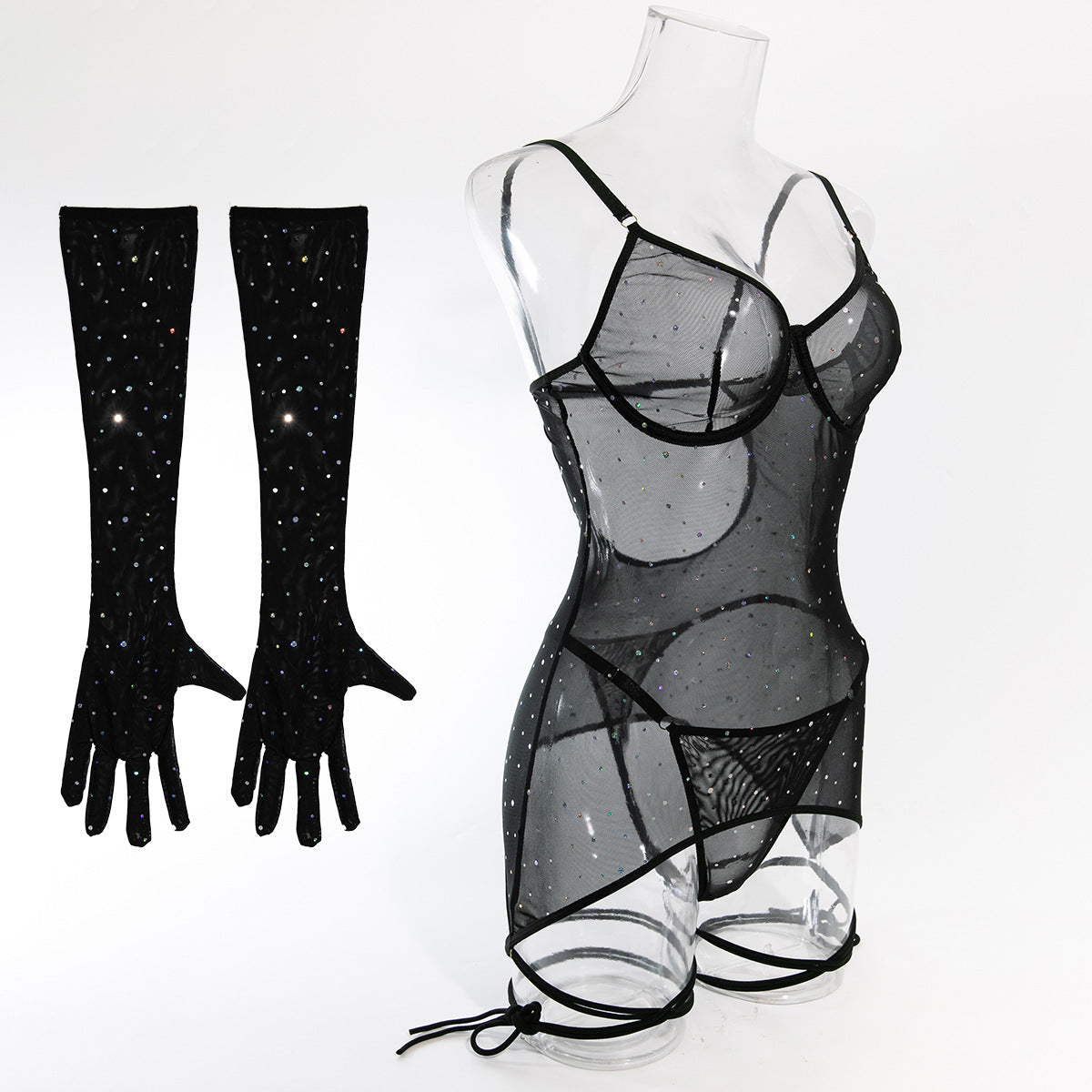 Explosive sequins nightclub mesh transparent steel ring gathered binding rope with gloves dress set