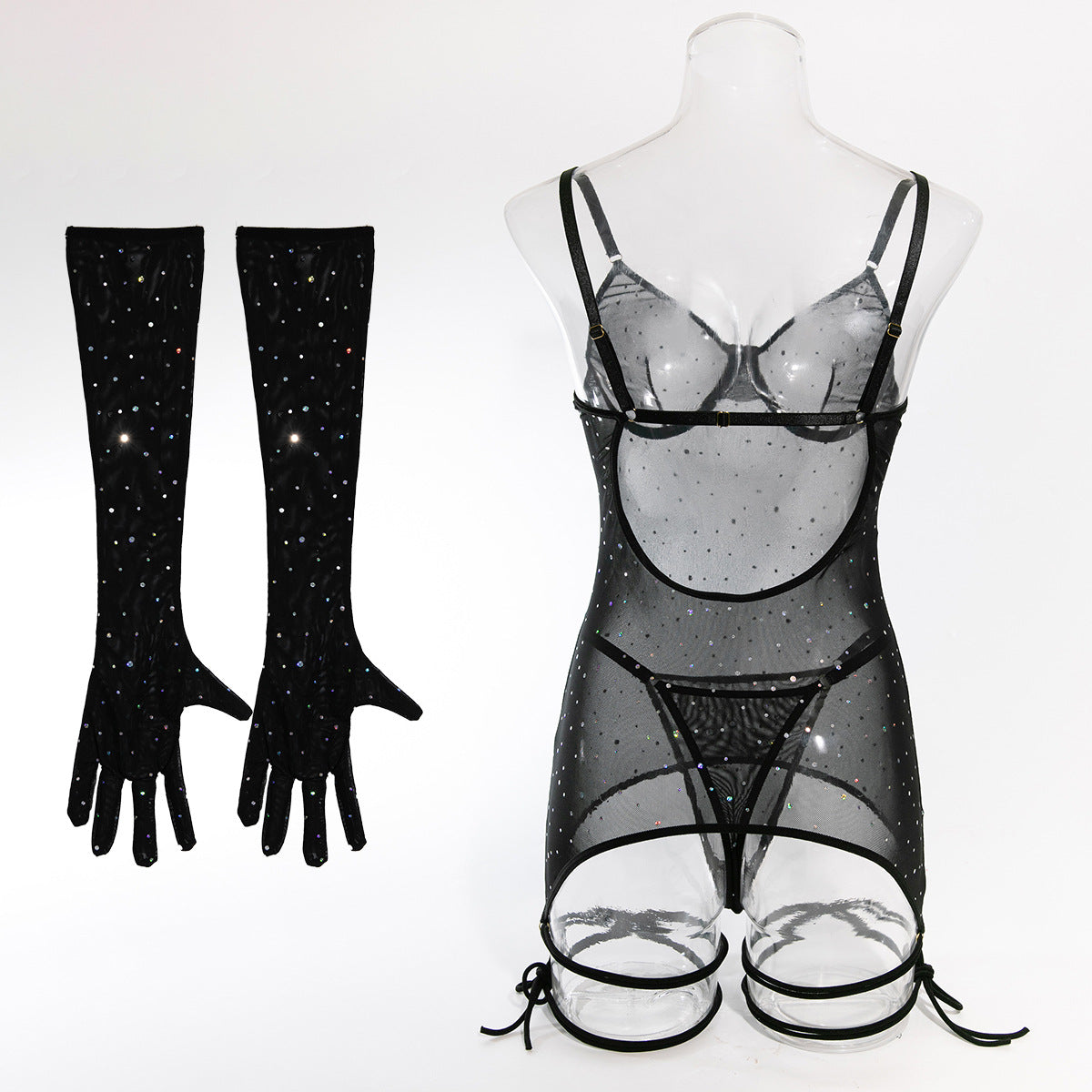 Explosive sequins nightclub mesh transparent steel ring gathered binding rope with gloves dress set