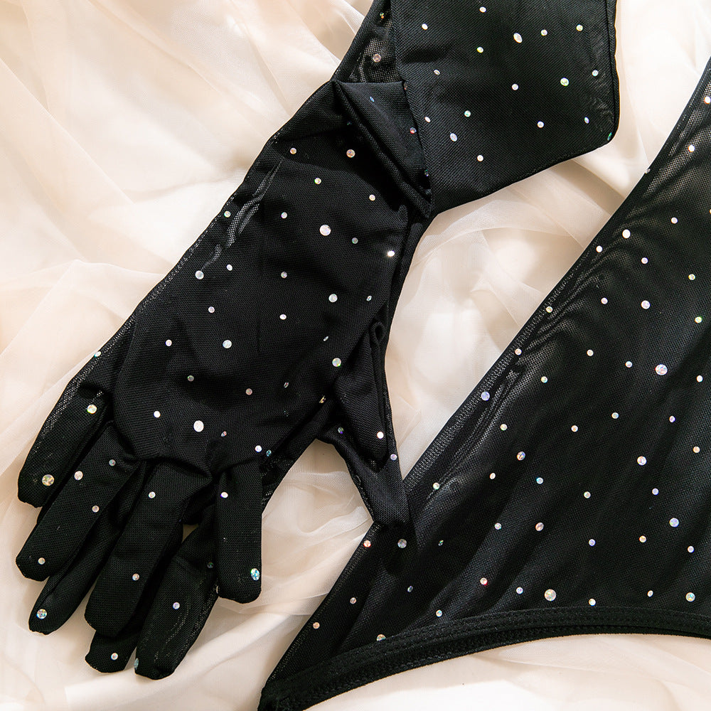Explosive sequins nightclub mesh transparent steel ring gathered binding rope with gloves dress set