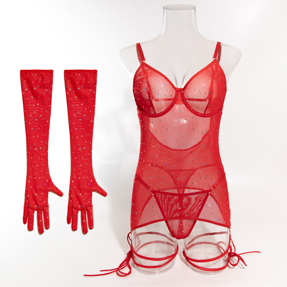 Explosive sequins nightclub mesh transparent steel ring gathered binding rope with gloves dress set