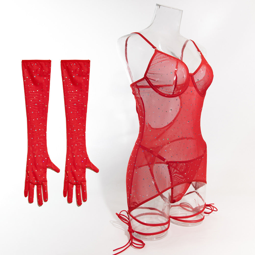 Explosive sequins nightclub mesh transparent steel ring gathered binding rope with gloves dress set
