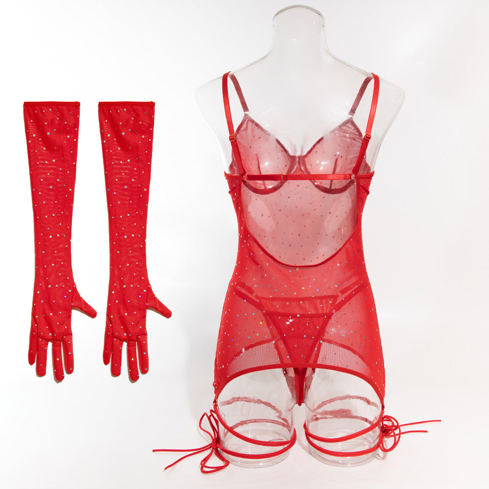 Explosive sequins nightclub mesh transparent steel ring gathered binding rope with gloves dress set