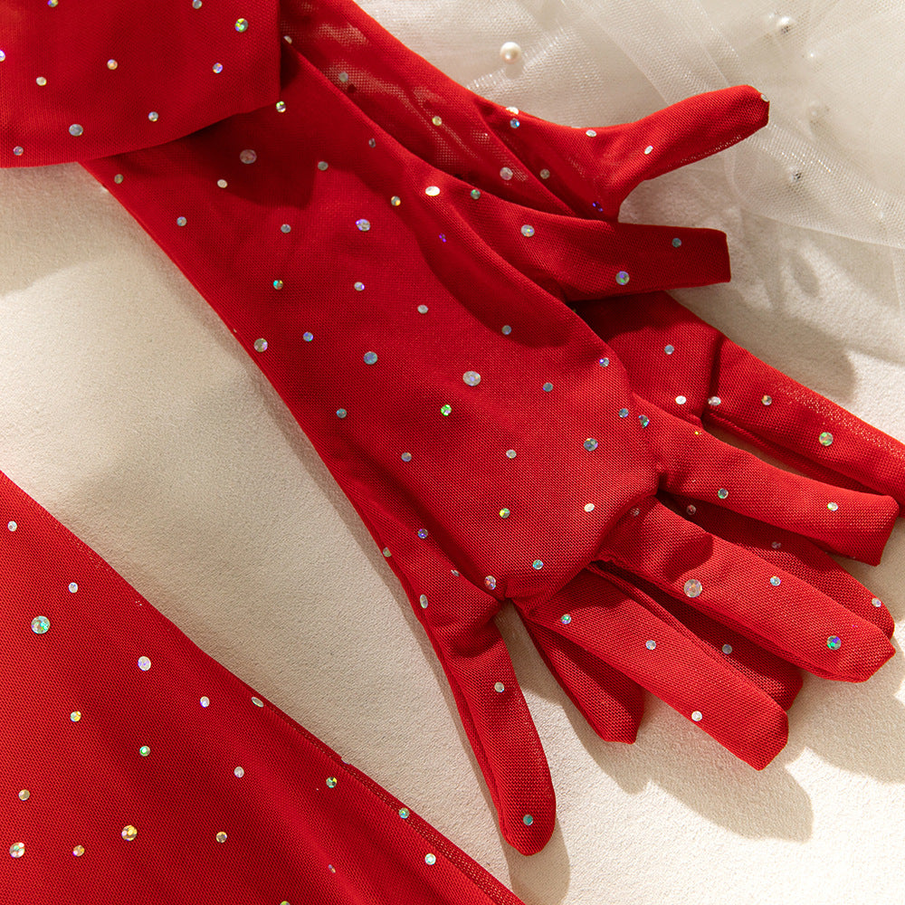 Explosive sequins nightclub mesh transparent steel ring gathered binding rope with gloves dress set