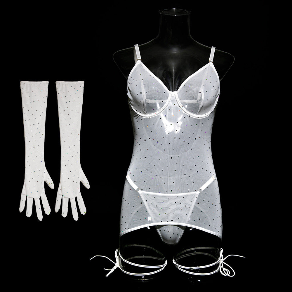 Explosive sequins nightclub mesh transparent steel ring gathered binding rope with gloves dress set