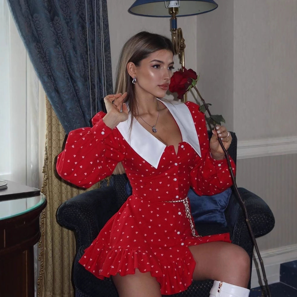 Long Sleeve Floral Doll Collar Waisted Short Dress Women Spring Spice Girl Slim Bubble Sleeve Short Dresses