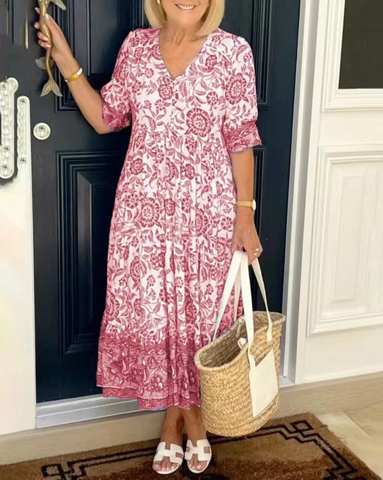 Temperament Elegant Long Loose Floral Dress Women's V-Neck Printed Large Size Dresses