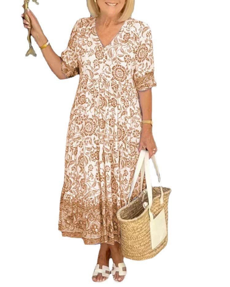 Temperament Elegant Long Loose Floral Dress Women's V-Neck Printed Large Size Dresses