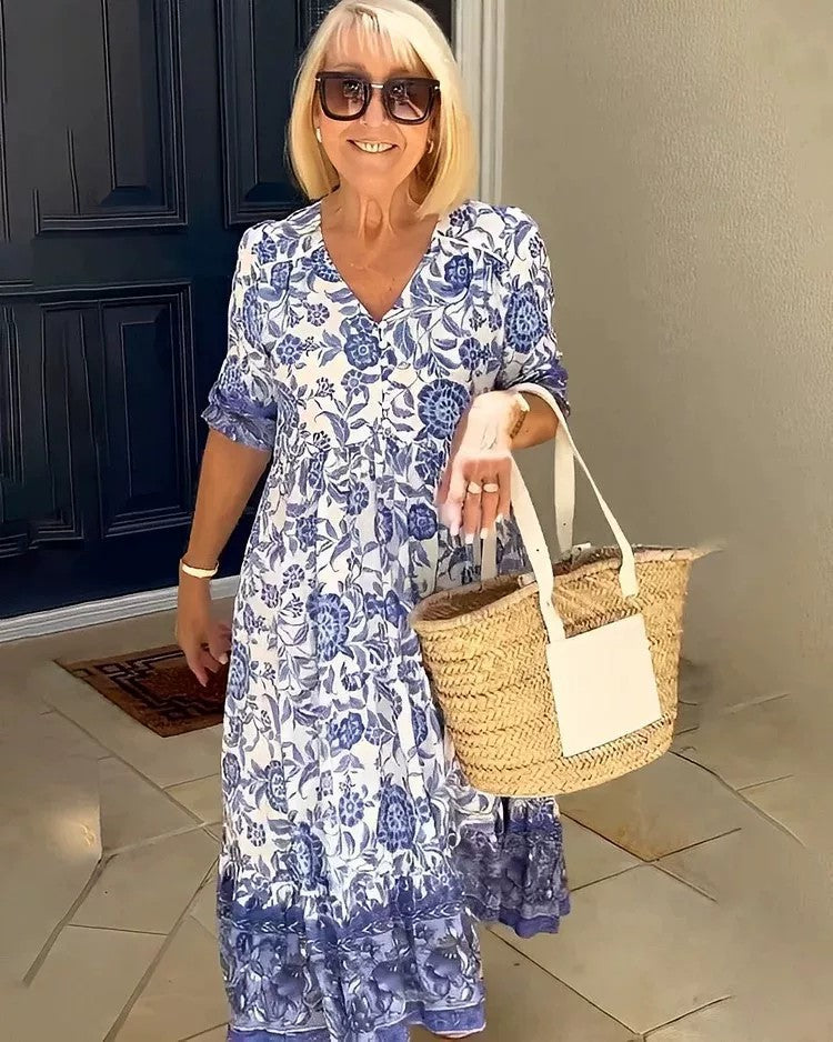 Temperament Elegant Long Loose Floral Dress Women's V-Neck Printed Large Size Dresses