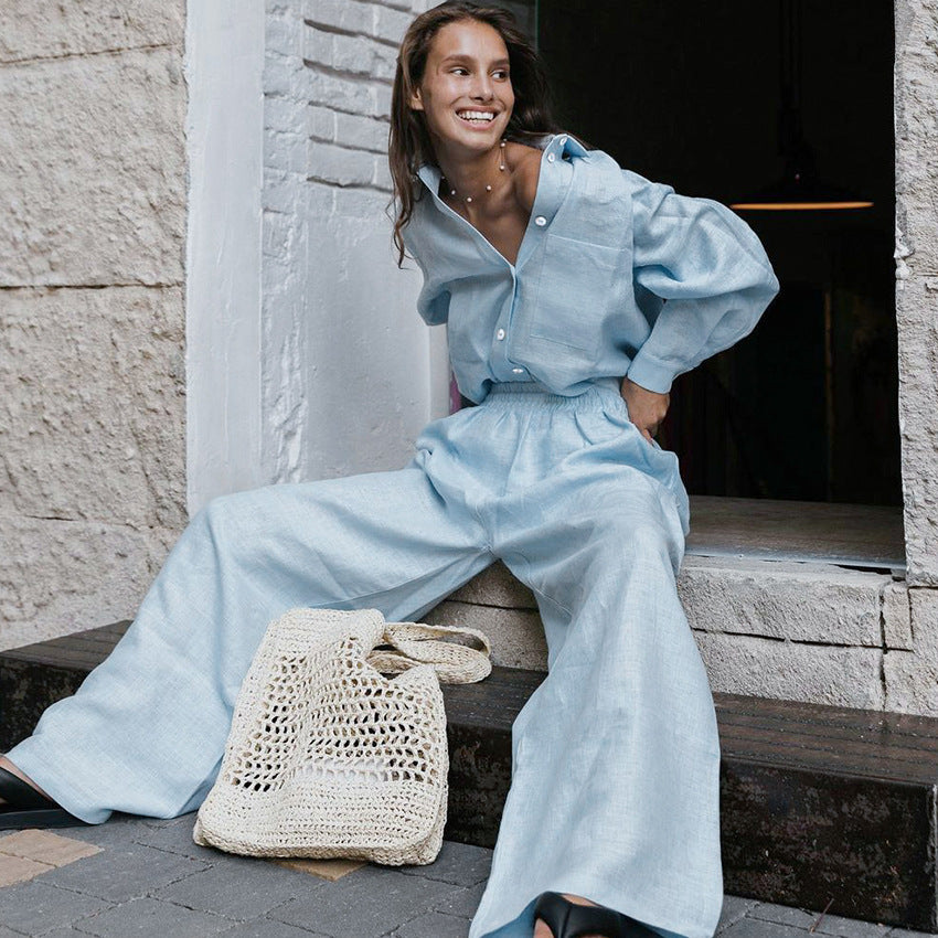 Cotton and linen long-sleeved trousers loose casual Amazon pop-up French suit women's homewear warmth
