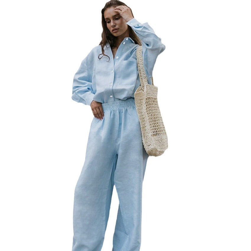 Cotton and linen long-sleeved trousers loose casual Amazon pop-up French suit women's homewear warmth