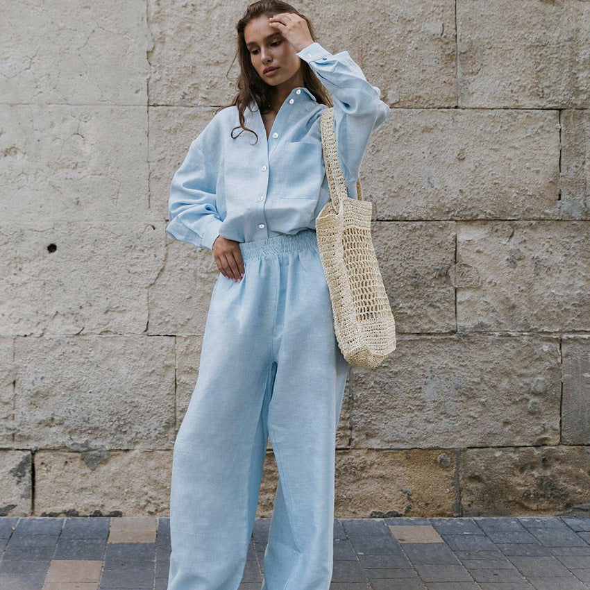 Cotton and linen long-sleeved trousers loose casual Amazon pop-up French suit women's homewear warmth