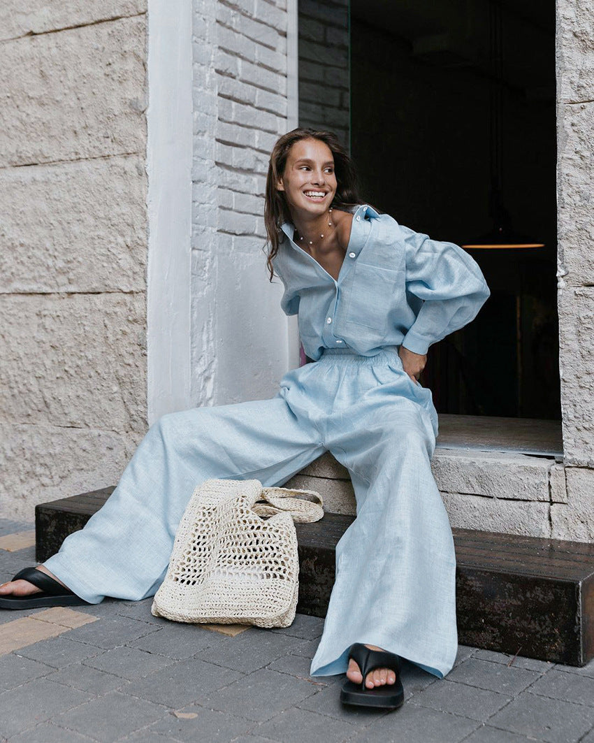 Cotton and linen long-sleeved trousers loose casual Amazon pop-up French suit women's homewear warmth