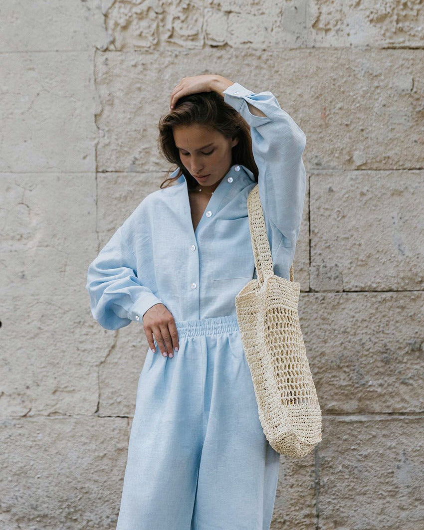 Cotton and linen long-sleeved trousers loose casual Amazon pop-up French suit women's homewear warmth
