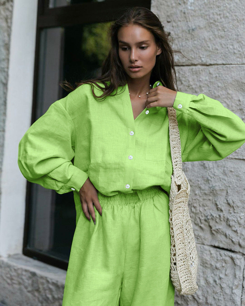Cotton and linen long-sleeved trousers loose casual Amazon pop-up French suit women's homewear warmth