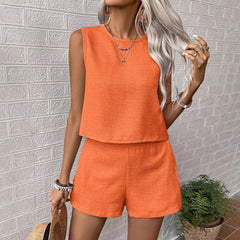 Solid color imitation cotton linen sleeveless undershirt shorts two-piece suit women